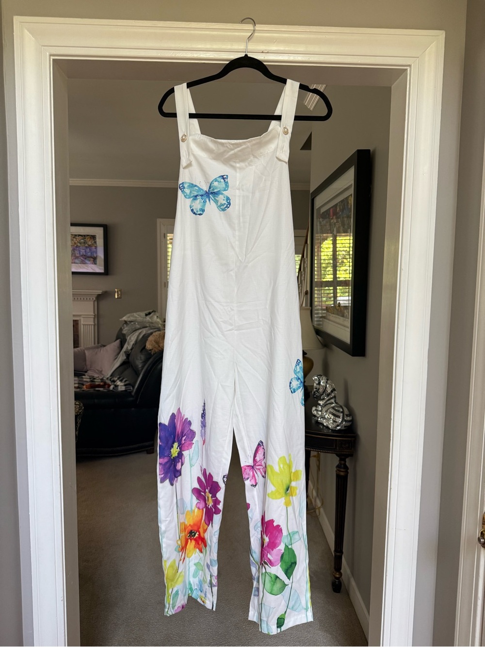 Women’s White Floral & Butterfly Linen Romper Jumpsuit - Picture 3 of 6